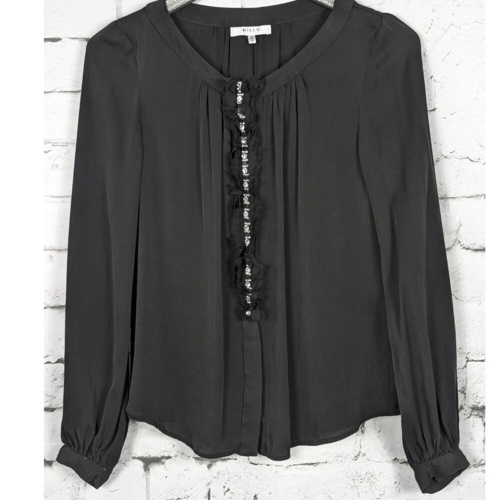 MILLY Black Silk Rhinestone Blouse Classic Old Money Designer Feminine Size 4